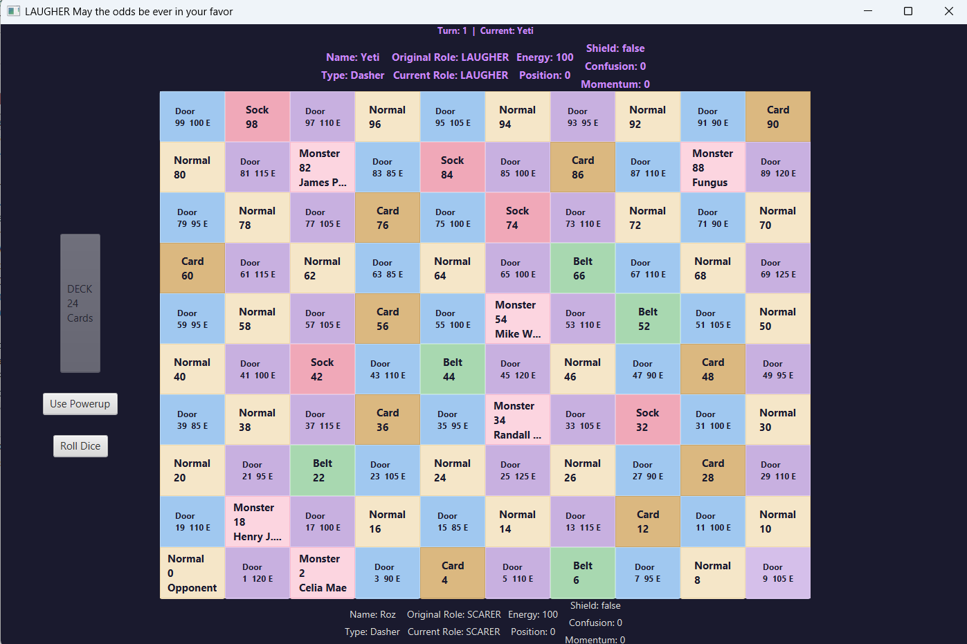 DoorDasH gameplay board: a 100-cell grid with doors, cards, socks, belts, and named monster cells, plus player stat panels